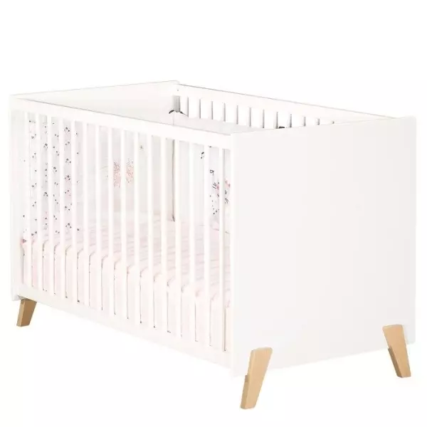 Lit bébé - 120 x 60 cm - Babyprice Joy Naturel - Blanc - Sur pieds en bois naturel