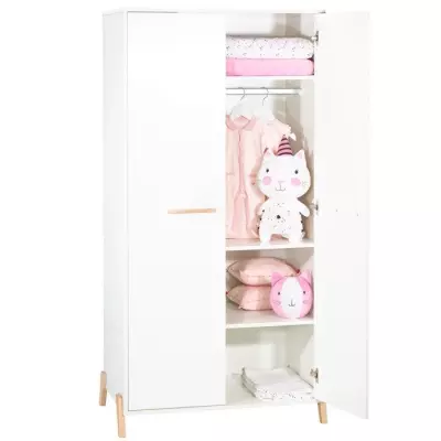 Armoire bébé Joy Naturel Blanche - Made in France - Sur pieds bois - 2 portes Armoire bébé Joy Naturel Blanche - Made in France - Sur pieds bois - 2 portes