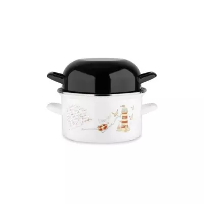 Marmite à moule BAUMALU 20 cm - Décor phares - Couvercle noir - Blanc