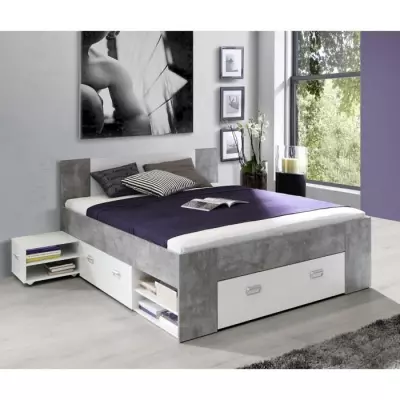 Lit adulte 140x200 cm avec rangement - Blanc et décor béton