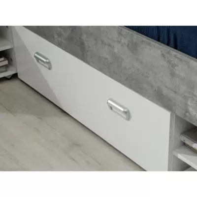 Lit adulte 140x200 cm avec rangement - Blanc et décor béton