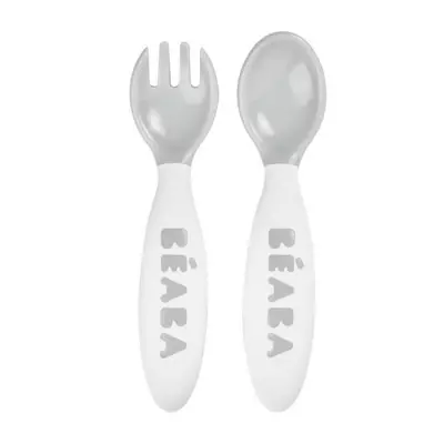 Cuillères d'apprentissage BEABA 2ème âge - Lot de 2 couverts ergonomiques - Light Mist