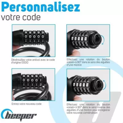 Antivol trottinette et vélo Beeper - Câble 60 cm - Code 4 chiffres - Bleu