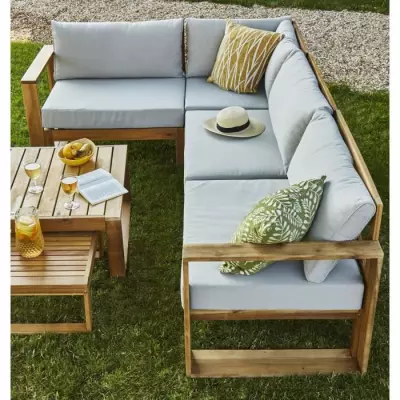 Salon de jardin en bois d'Acacia FSC 6 pers. avec coussins lin - BOCARNEA