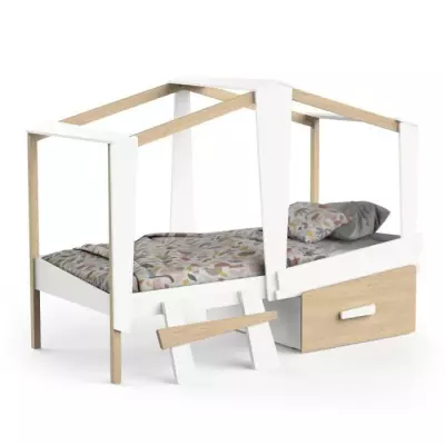 Lit cabane enfant avec grand tiroir - 90 x 200 cm - Blanc mat/chêne