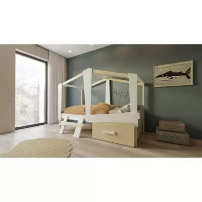 Lit cabane enfant avec grand tiroir - 90 x 200 cm - Blanc mat/chêne