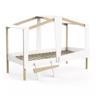 Lit cabane enfant avec grand tiroir - 90 x 200 cm - Blanc mat/chêne