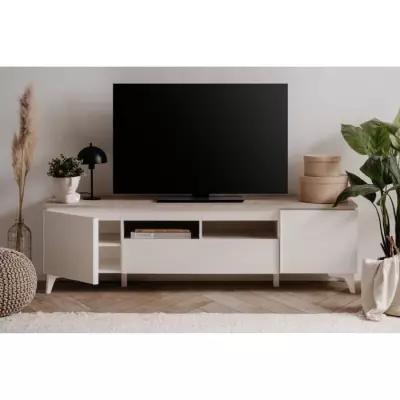 Meuble TV Bertrix 56A - Décor travertin / blanc - 177 x 51,5 x 40 cm