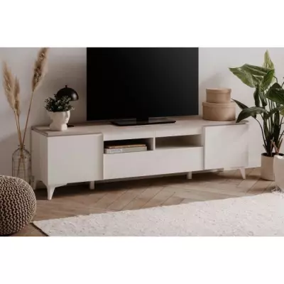 Meuble TV Bertrix 56A - Décor travertin / blanc - 177 x 51,5 x 40 cm