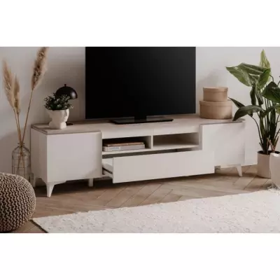 Meuble TV Bertrix 56A - Décor travertin / blanc - 177 x 51,5 x 40 cm
