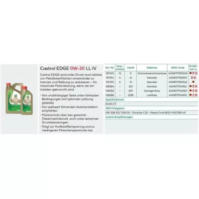 Huile moteur Castrol Edge 0W-20 LL IV 1L - Performances exceptionnelles