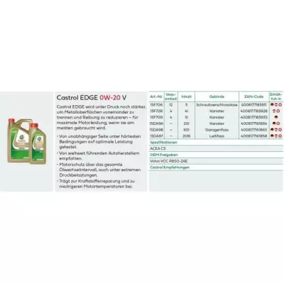 Huile moteur CASTROL EDGE 0W-20 V - 1L - Performances exceptionnelles