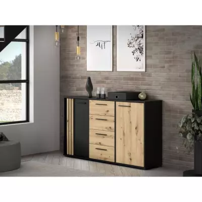 Buffet CARDIGAN 2 portes, 4 tiroirs - Chene artisan et noir - Responsable PEFC