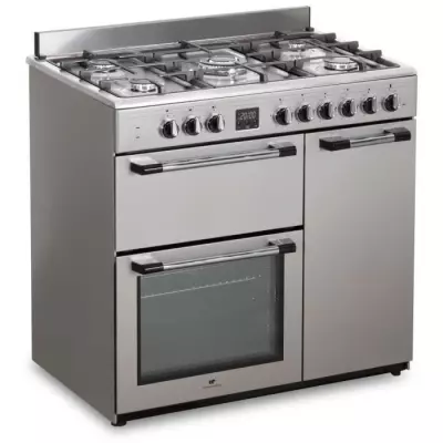 Cuisinière piano gaz 3 fours électriques 5 feux 90 cm Inox