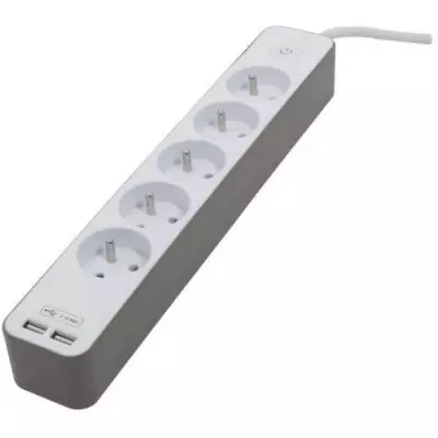 Bloc multiprise CHACON 5 prises 16A avec 2 ports USB - Blanc et brun