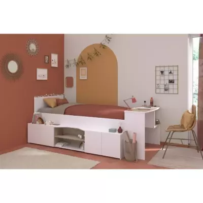 Lit combiné enfant avec rangements et bureau Cloé - 90 x 200 cm - Blanc/chêne
