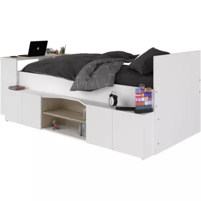 Lit combiné enfant avec rangements et bureau Cloé - 90 x 200 cm - Blanc/chêne