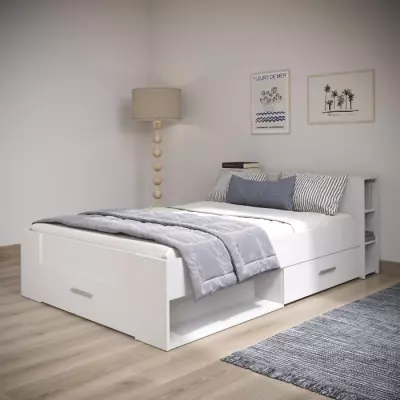 Lit adulte contemporain blanc perle + tête de lit - 160 x 200 cm - OXYGENE