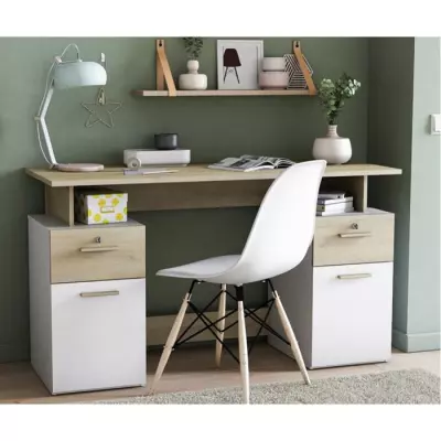 Bureau avec rangements PLATON Chene/Blanc - Design compact - L134,8 x P55 x H76,4 cm