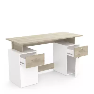 Bureau avec rangements PLATON Chene/Blanc - Design compact - L134,8 x P55 x H76,4 cm