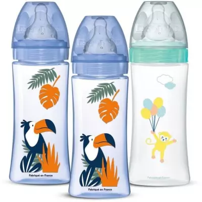 Lot de 3 Biberons Dodie Anti-coliques 330ml +6 mois - 3 vitesses - Bleu et vert