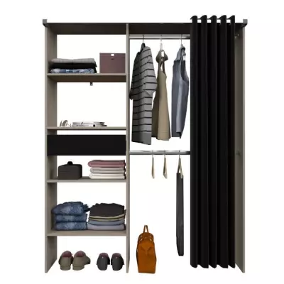 Dressing avec rideau ARTIC - Chene et noir - Fabriqué en France
