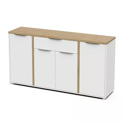 Ensemble Meubles Salon: Table basse + Banc TV + Enfilade - Chêne Hamilton et Blanc