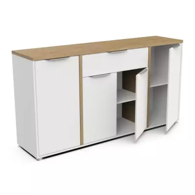 Ensemble Meubles Salon: Table basse + Banc TV + Enfilade - Chêne Hamilton et Blanc