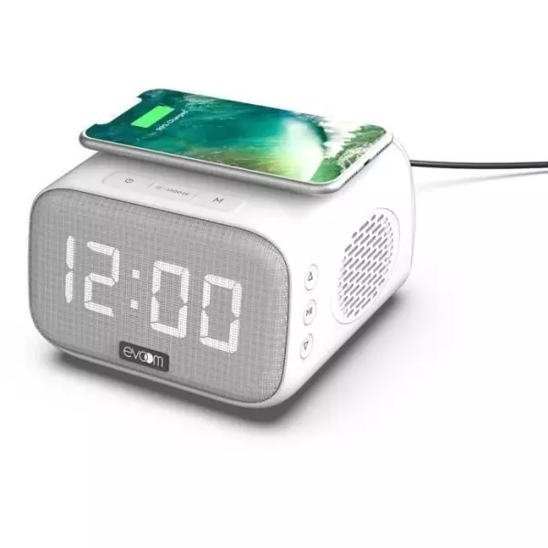 Réveil chargeur enceinte - EVOOM - EV304601 - Blanc avec chargeur sans fil et enceinte intégrée