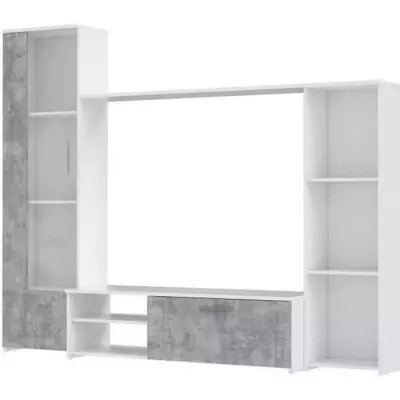 Meuble TV mural blanc mat et béton clair - Contemporain - L 220,4 x P41,3 x H177,5 cm