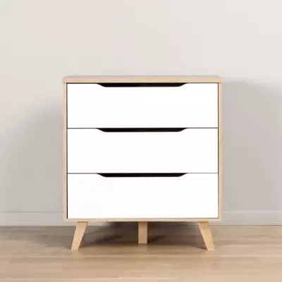 Commode 3 tiroirs chêne et blanc mat - Style scandinave - VANKKA