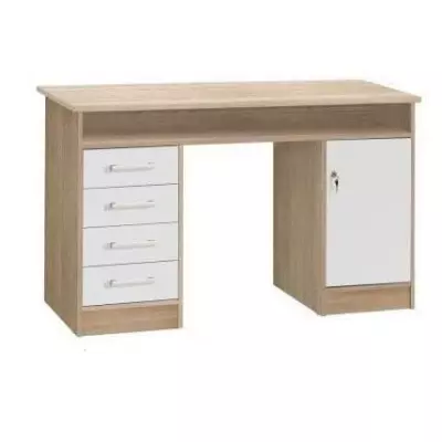Bureau droit avec clés et 4 tiroirs - Chene et blanc - 126 x 55 x 76 cm