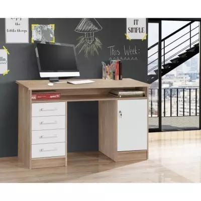 Bureau droit avec clés et 4 tiroirs - Chene et blanc - 126 x 55 x 76 cm