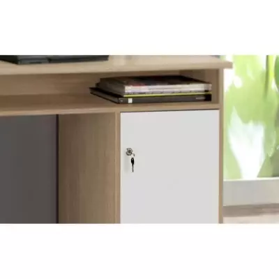 Bureau droit avec clés et 4 tiroirs - Chene et blanc - 126 x 55 x 76 cm