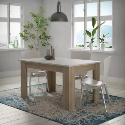 Table à manger PILVI - Blanc et chêne sonoma - L140 x P90 x H75 cm