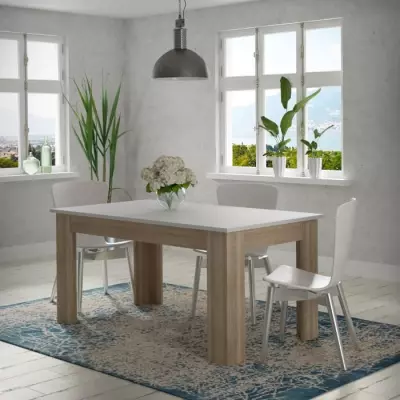 Table à manger PILVI - Design contemporain blanc/chêne - 6/8 pers.