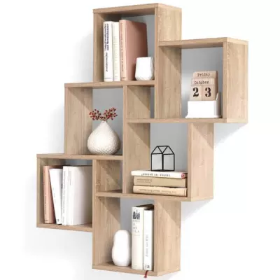 Étagère Murale Chic avec 8 Compartiments en Chêne pour un Salon Bien Organisé