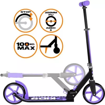Trottinette pliable ajustable 200mm avec béquille Mauve - SKIDS CONTROL