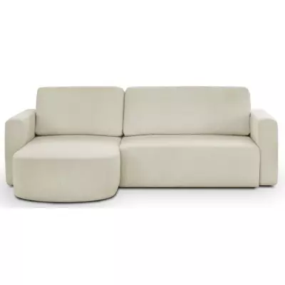 Canapé d'angle convertible 3 places GALET - Velours côtelé beige - Coffre de rangement