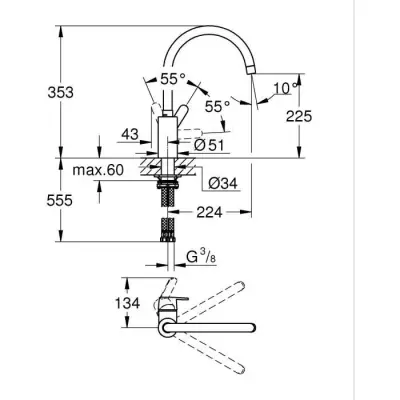 Mitigeur de cuisine GROHE Get - Chromé - Design Bec en C - Rotation 150°