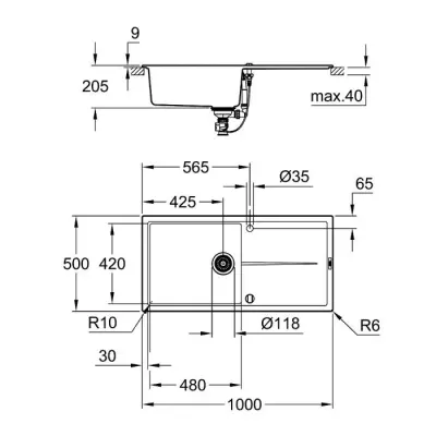 Évier avec égouttoir GROHE K400 1000x500mm Gris granite