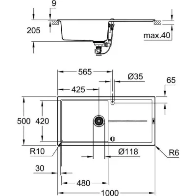 Évier avec égouttoir GROHE K400 1000x500mm Gris granite