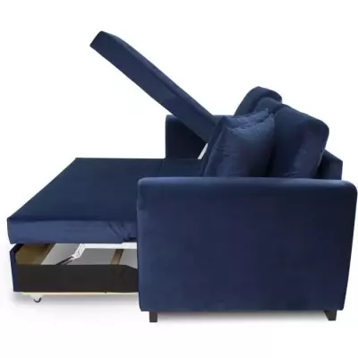 Canapé d'angle convertible HAMILTON 4 places - Velours bleu - Coffre de rangement