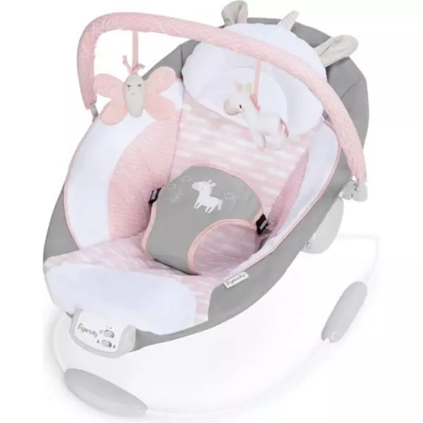 INGENUITY Transat bébé - Flora - Arche avec jouets d'éveil amovible, 8 Mélodies, Vibrations apaisantes, Cale tete évolutif