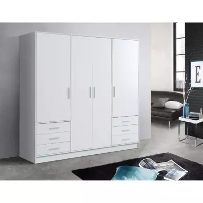 Armoire 4 portes battantes + 6 tiroirs Blanc mat - Design responsable