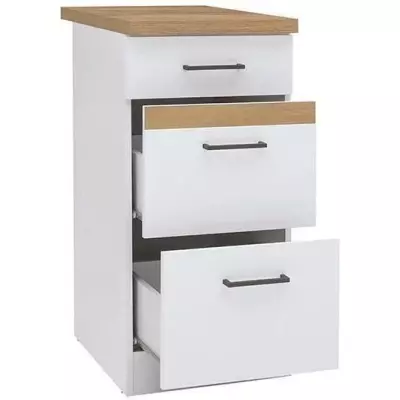 Meuble bas de cuisine 40 cm - 3 tiroirs + plan de travail - Blanc brillant