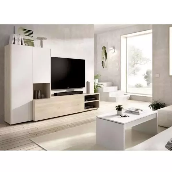 Meuble de salon TV compact - KEI - 3 portes - Chene clair / Blanc - 227 x 40 x 141 cm