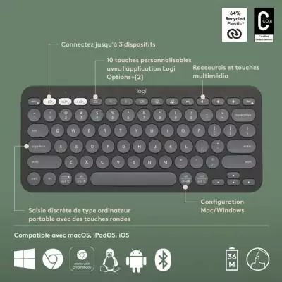 Clavier - Sans fil - Logitech - Pebble Keys 2 K380s - Bouton Easy-switch - Graphite Clavier - Sans fil - Logitech - Pebble Keys 2 K380s - Bouton Easy-switch - Graphite