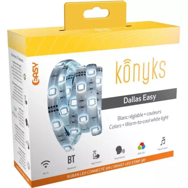 Ruban LED connecté Wi-Fi + BT, Couleurs RGB + Blance réglable, longueur 3m - Konyks Dallas Easy