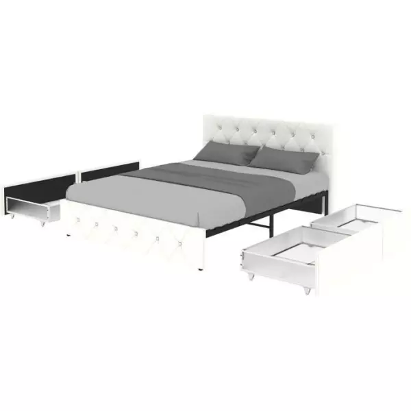 Lit adulte DAVID 160 x 200 cm - 4 tiroirs - Sommier inclus - Simili blanc